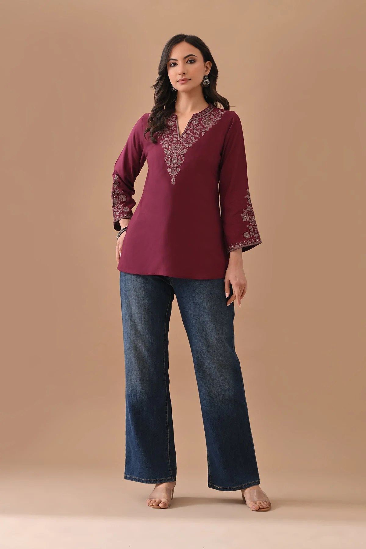 Wine Embroidered Straight Top