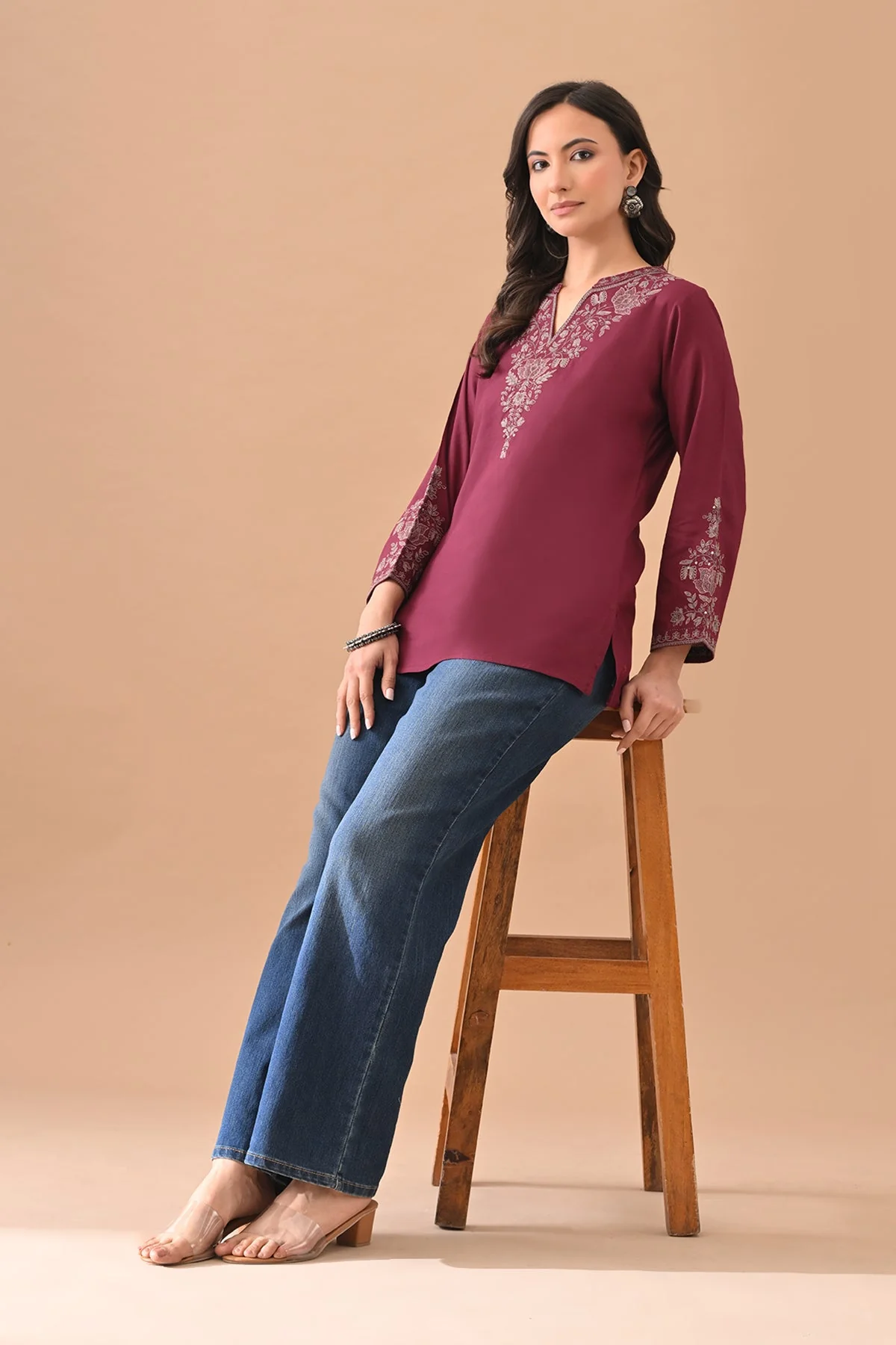 Wine Embroidered Straight Top - Image 6