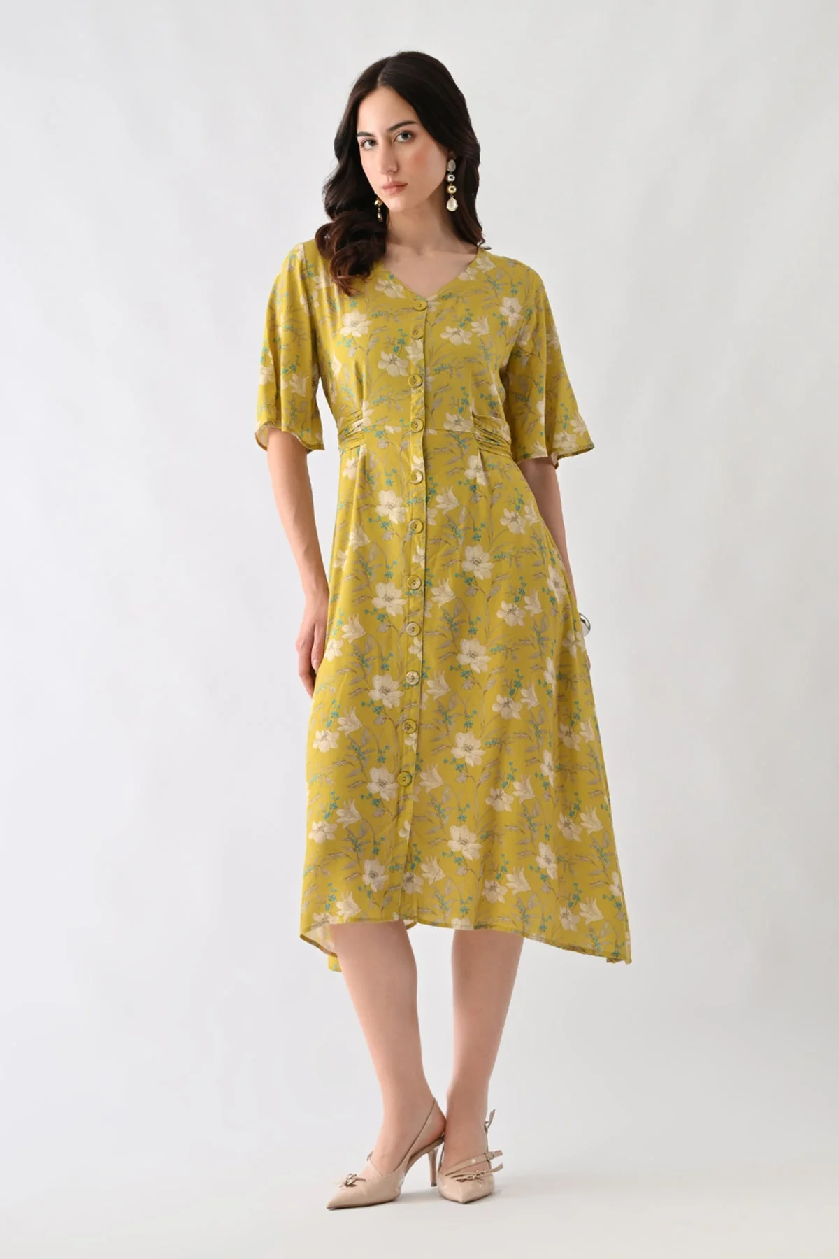 Yellow A-line Printed Dress - Image 3
