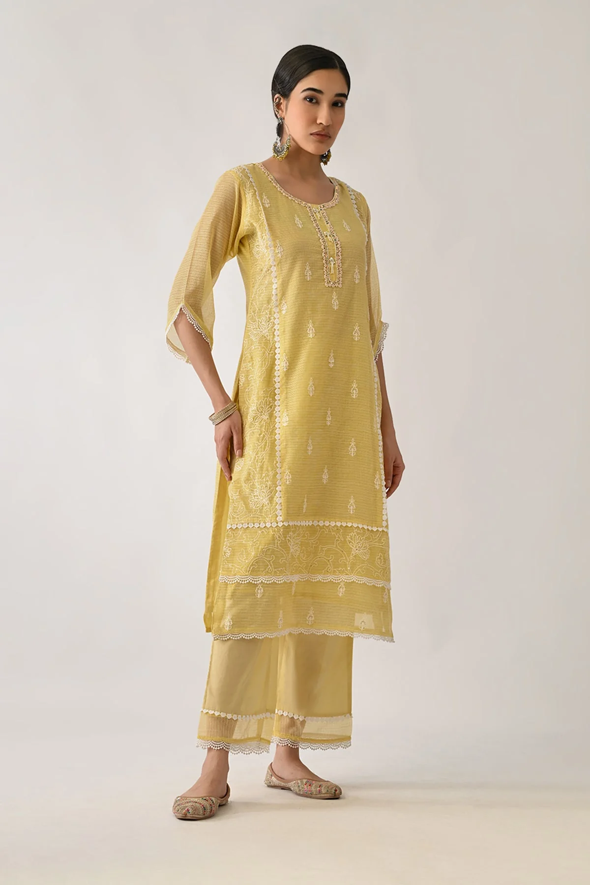Yellow Embellished Kurta 3 Pcs Set - Image 5