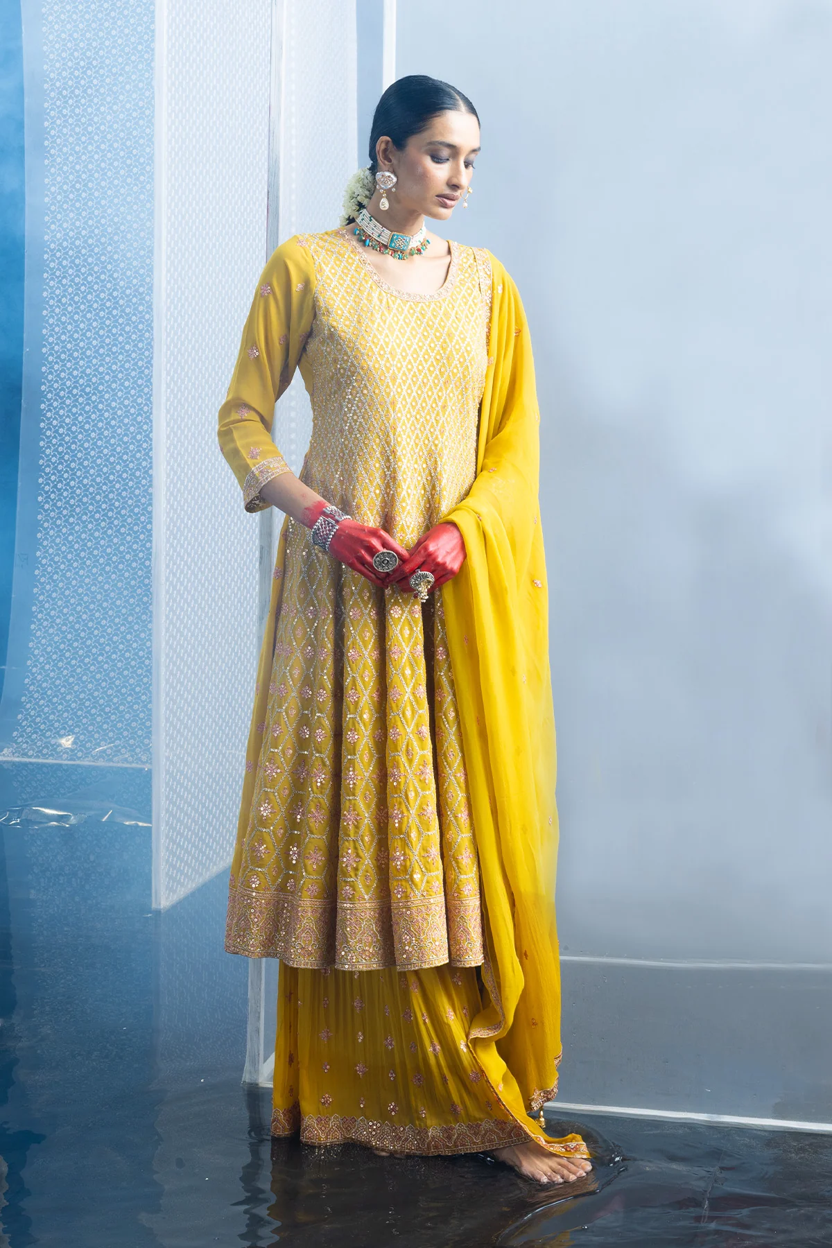 Yellow Embroidered Flared Kurta 3 Pcs Set - Image 3