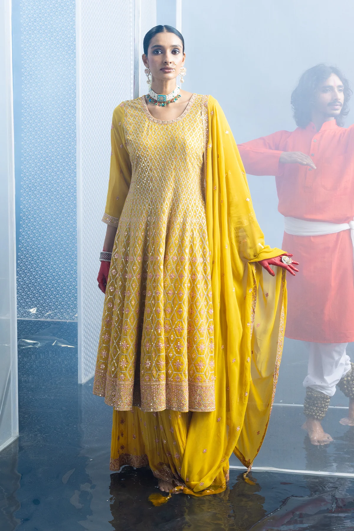 Yellow Embroidered Flared Kurta 3 Pcs Set - Image 4
