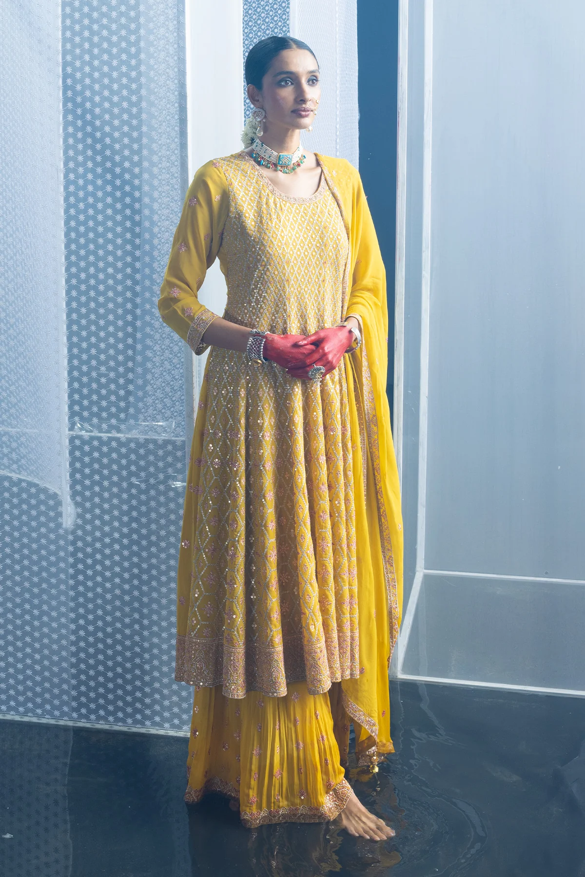 Yellow Embroidered Flared Kurta 3 Pcs Set - Image 5