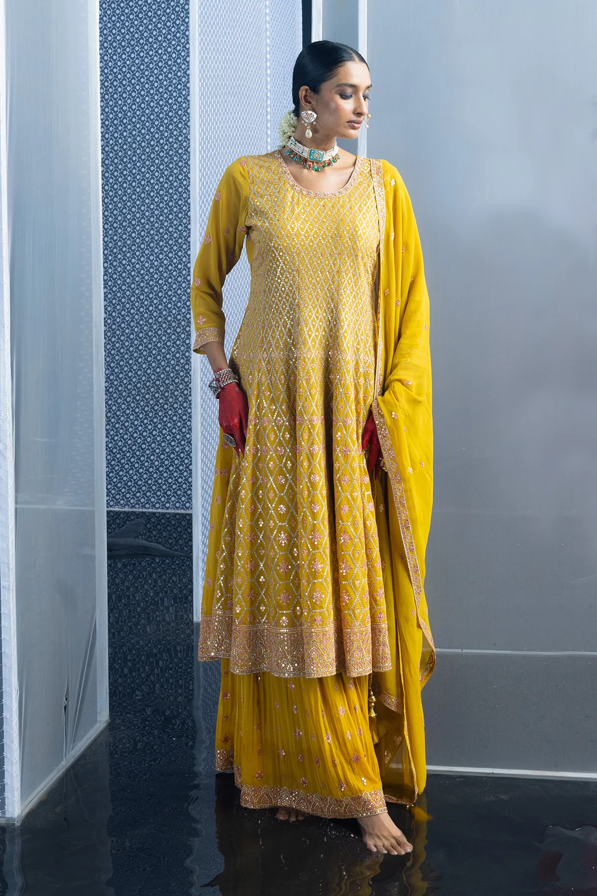Yellow Embroidered Flared Kurta 3 Pcs Set - Image 6