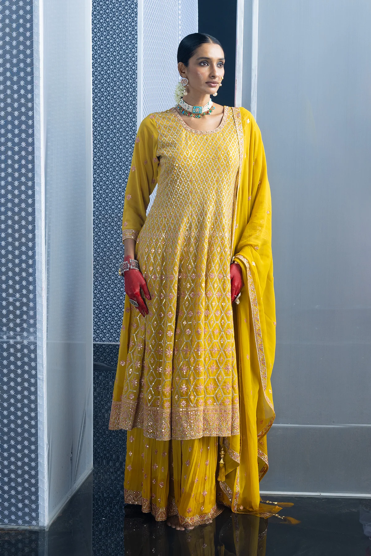 Yellow Embroidered Flared Kurta 3 Pcs Set - Image 7