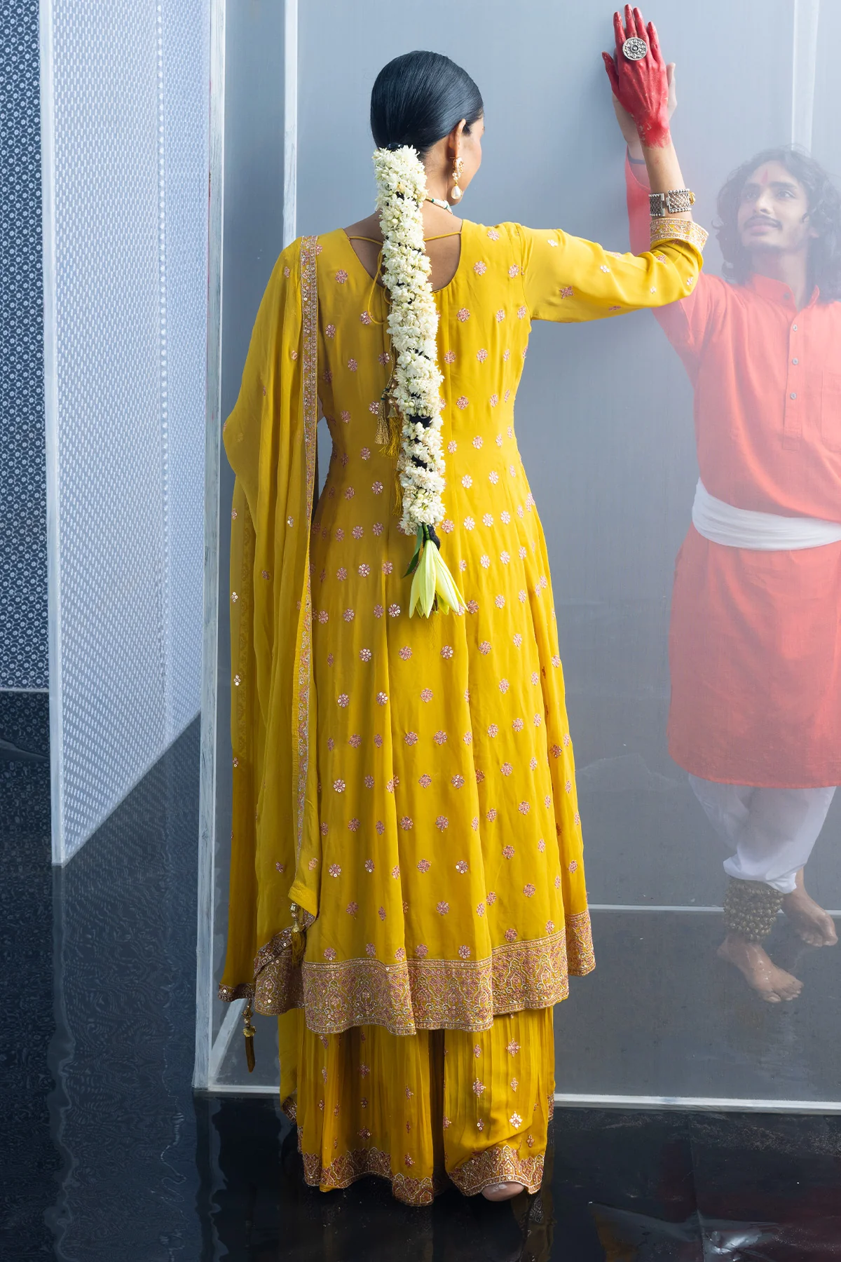 Yellow Embroidered Flared Kurta 3 Pcs Set - Image 8