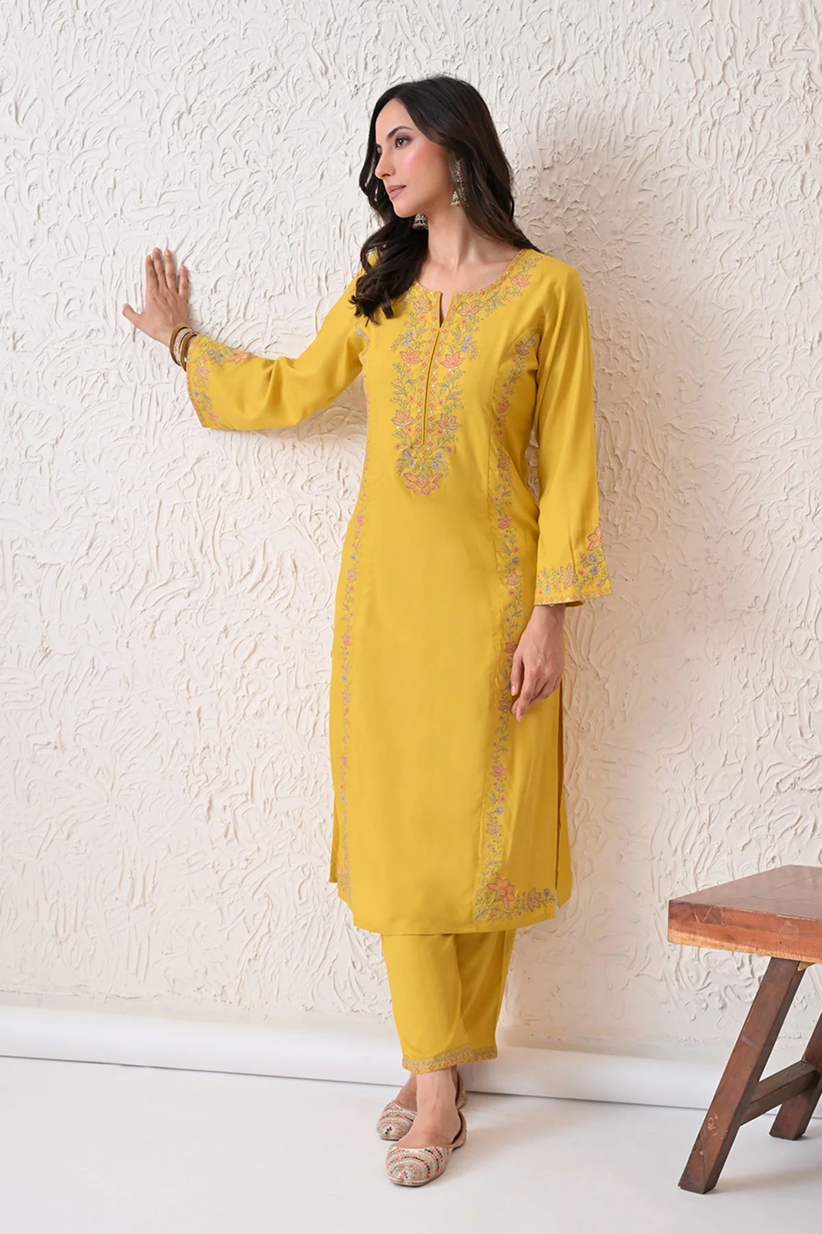Yellow Embroidered Kurta 2 Pcs Set - Image 7