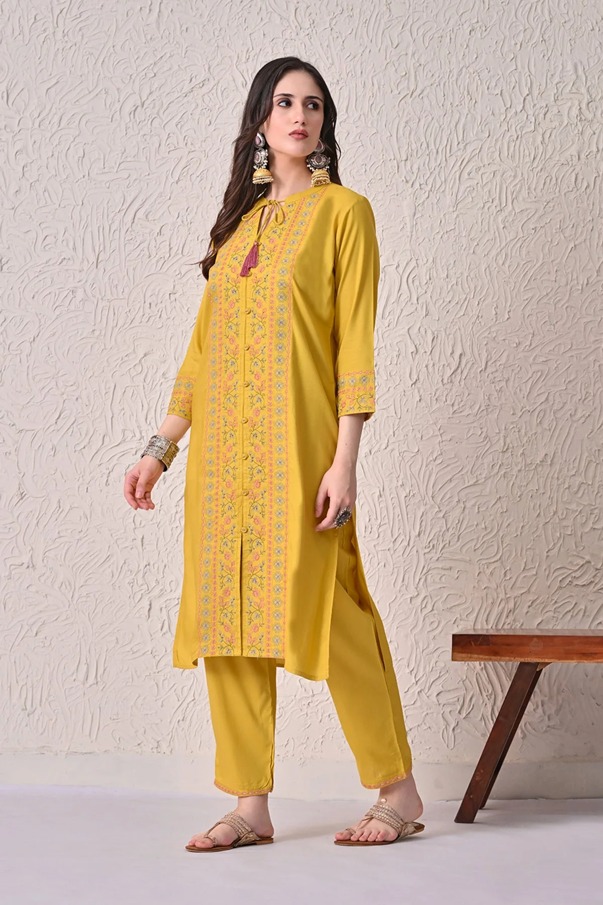 Yellow Embroidered Kurta 2 Pcs Set - Image 2