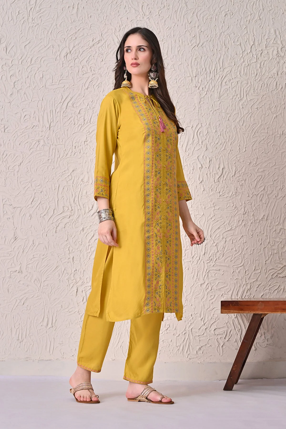 Yellow Embroidered Kurta 2 Pcs Set - Image 3