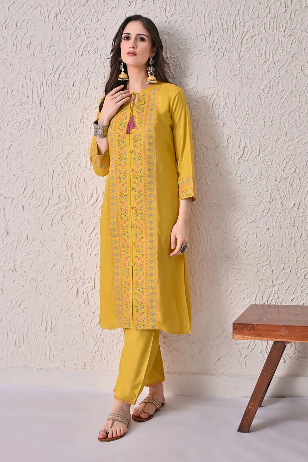 Yellow Embroidered Kurta 2 Pcs Set - Image 7