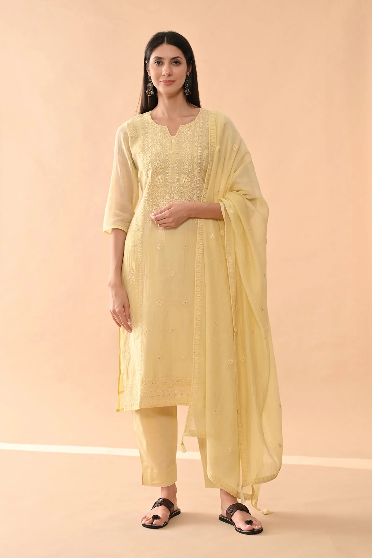 Yellow Embroidered Kurta 3 Pcs Set