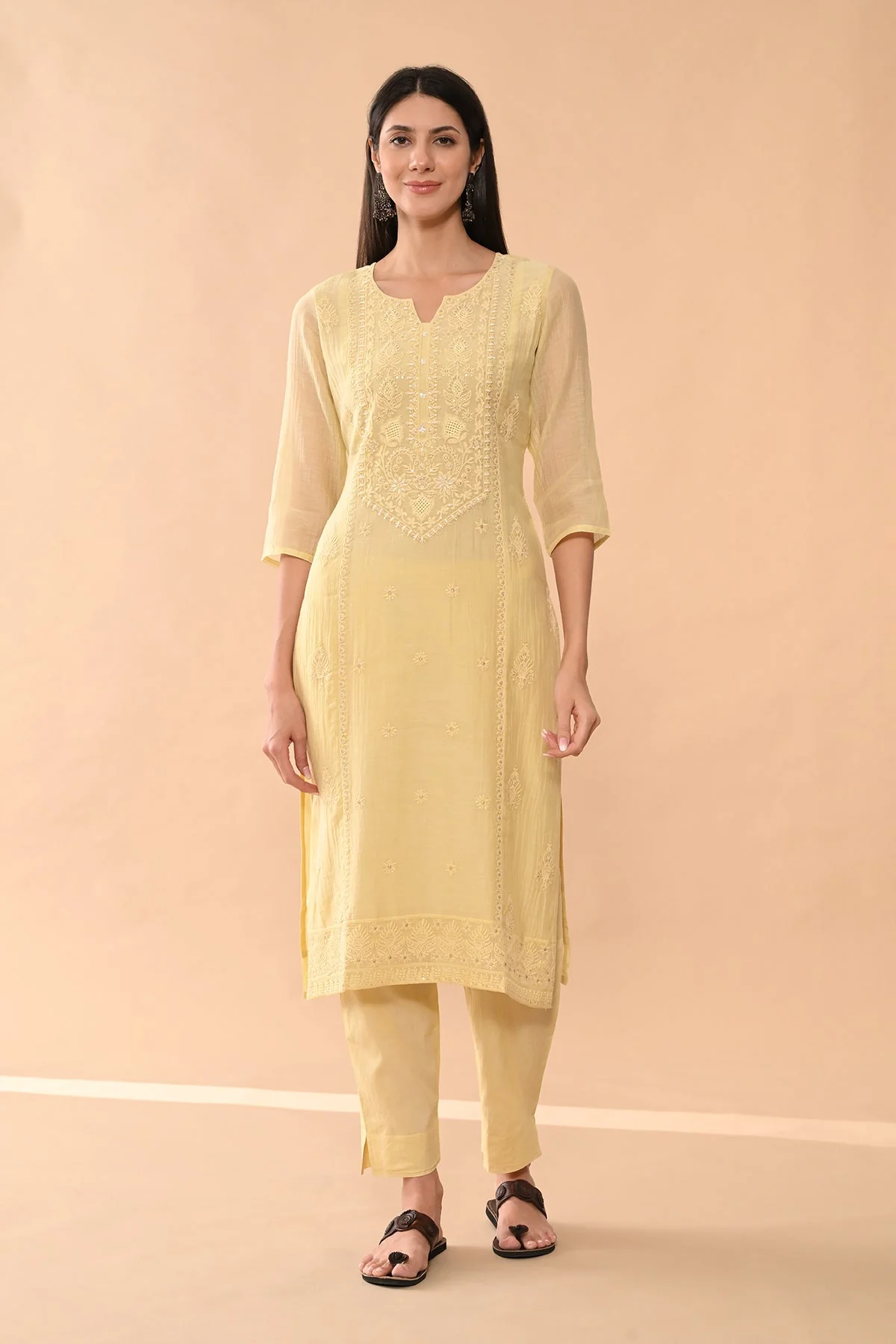 Yellow Embroidered Kurta 3 Pcs Set - Image 2