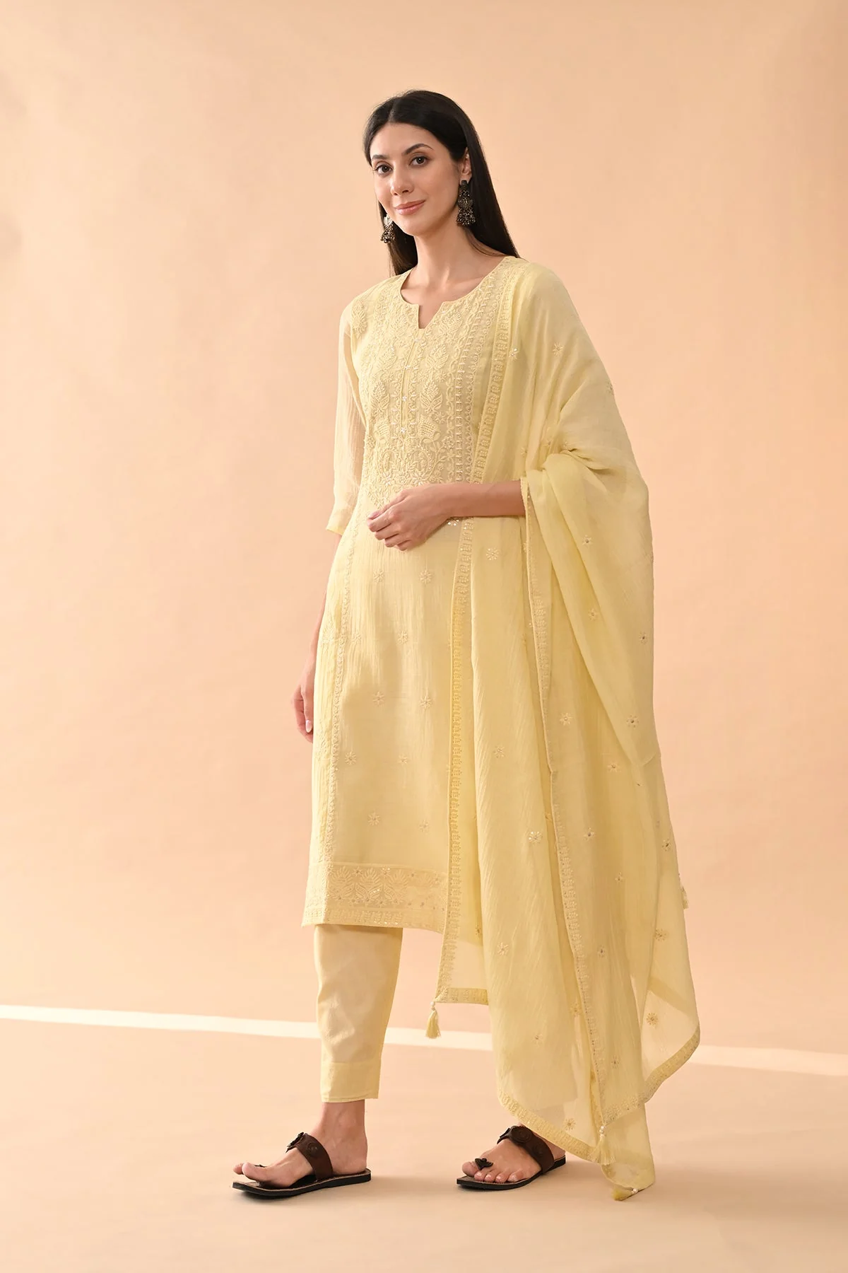 Yellow Embroidered Kurta 3 Pcs Set - Image 3