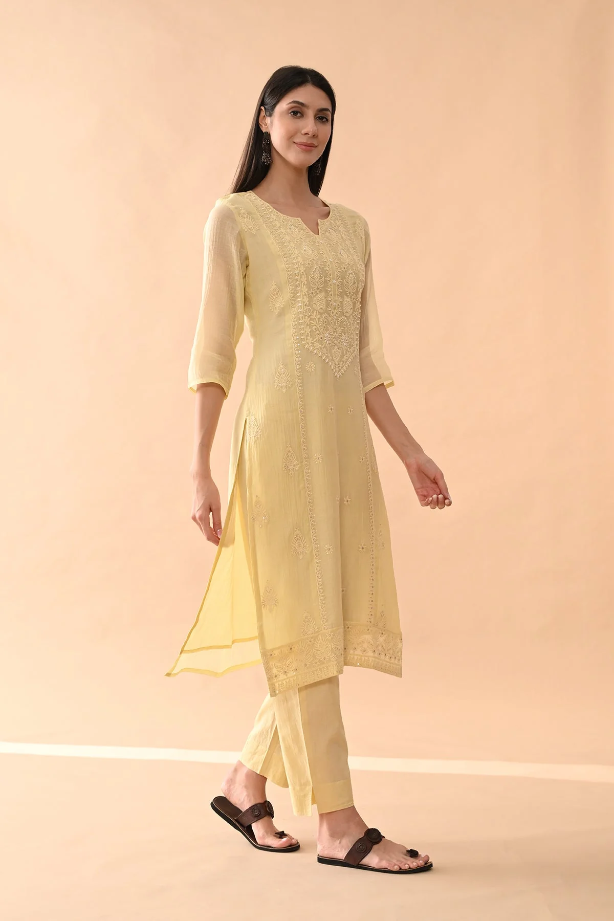 Yellow Embroidered Kurta 3 Pcs Set - Image 4