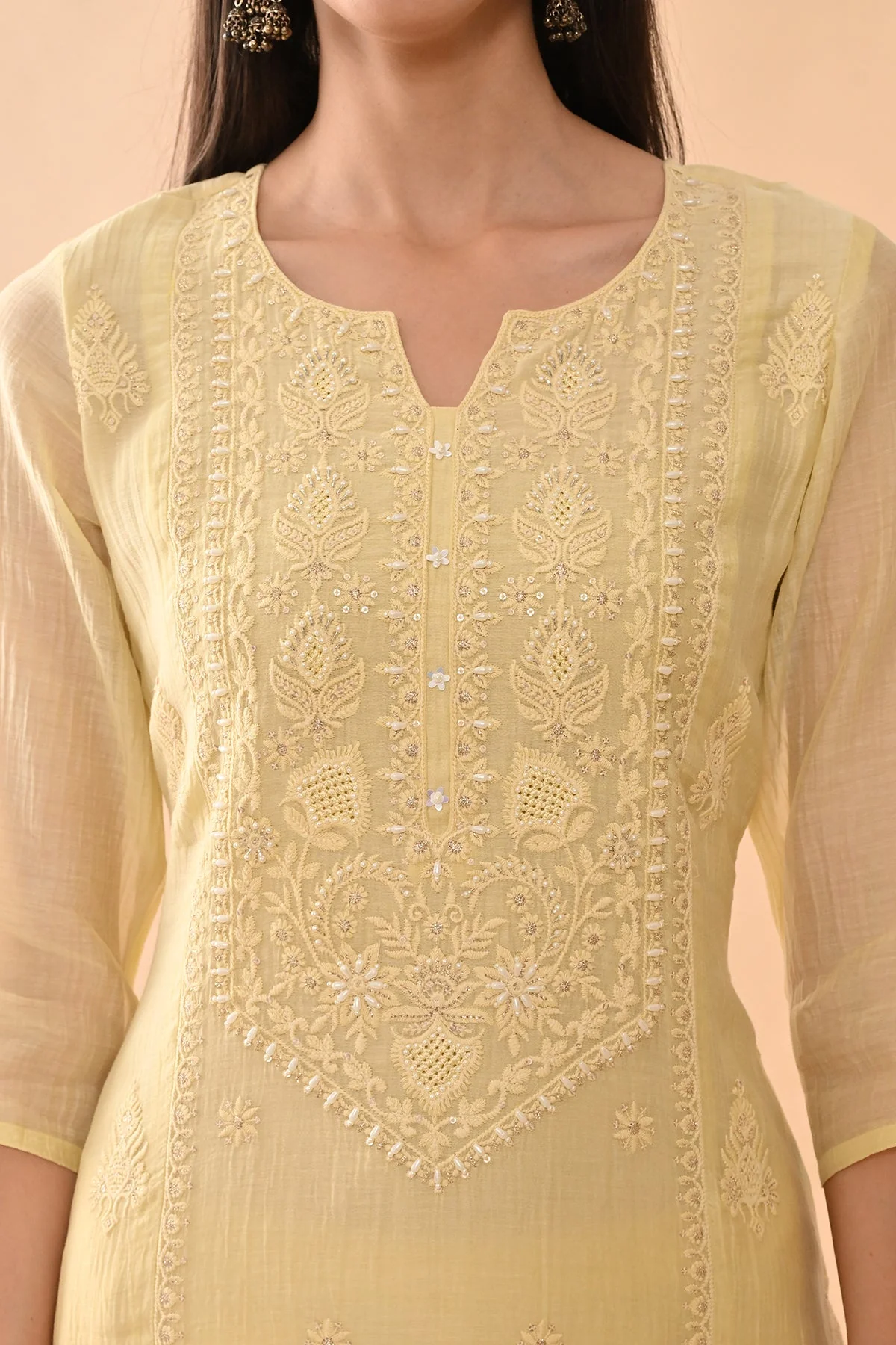 Yellow Embroidered Kurta 3 Pcs Set - Image 5