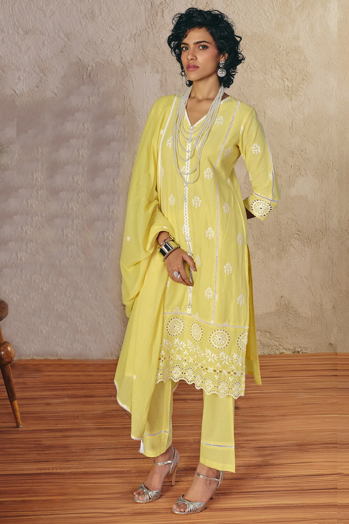 Yellow Embroidered Kurta 3 Pcs Set - Image 4
