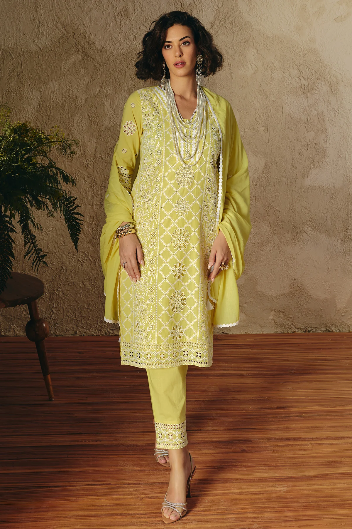 Yellow Embroidered Kurta 3 Pcs Set - Image 3