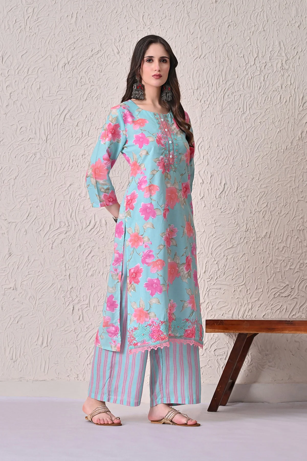 Green Floral Printed Kurta 3 Pcs Set - Image 3