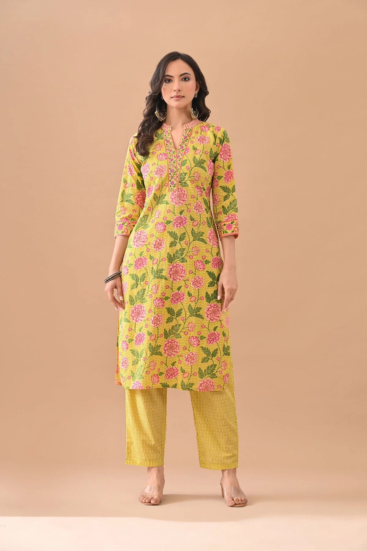 Yellow Floral Printed Kurta 2 Pcs Set