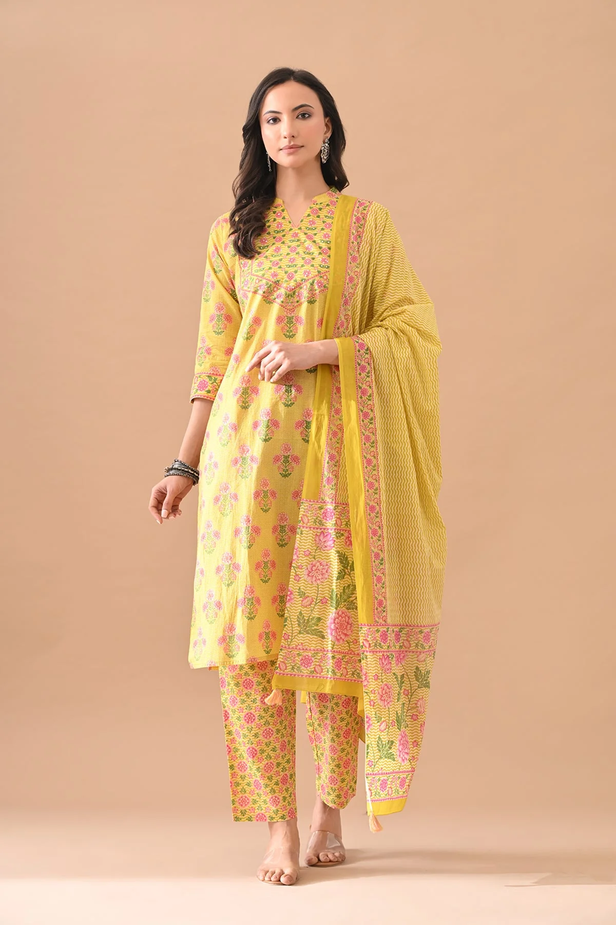 Yellow Floral Printed Kurta 3 Pcs Set