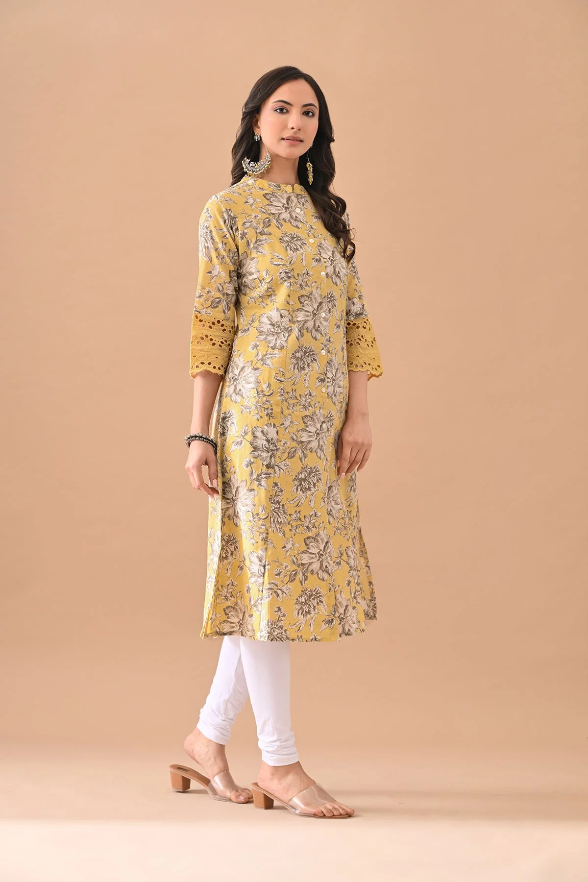 Yellow Printed A-line Kurta - Image 3