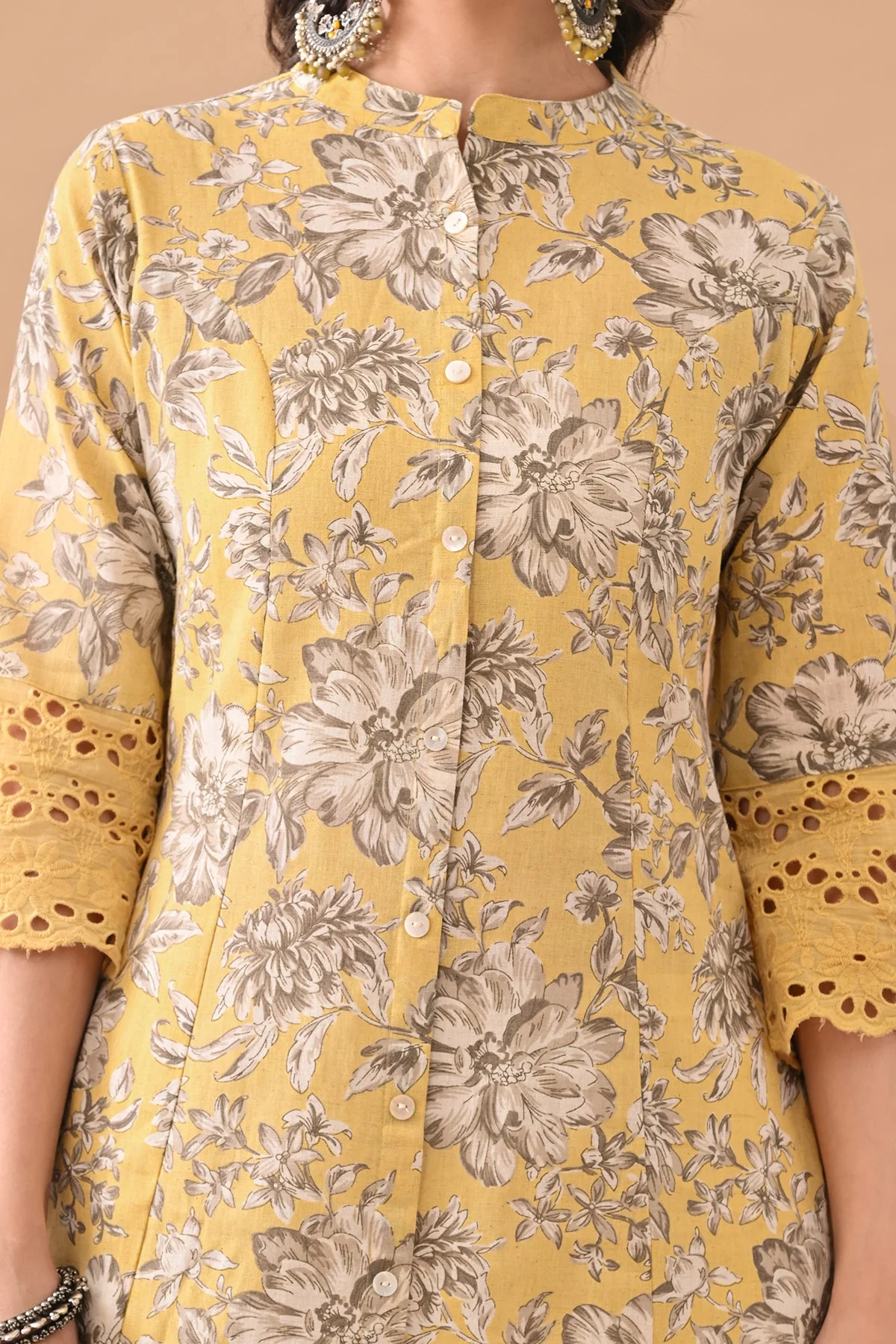 Yellow Printed A-line Kurta - Image 4