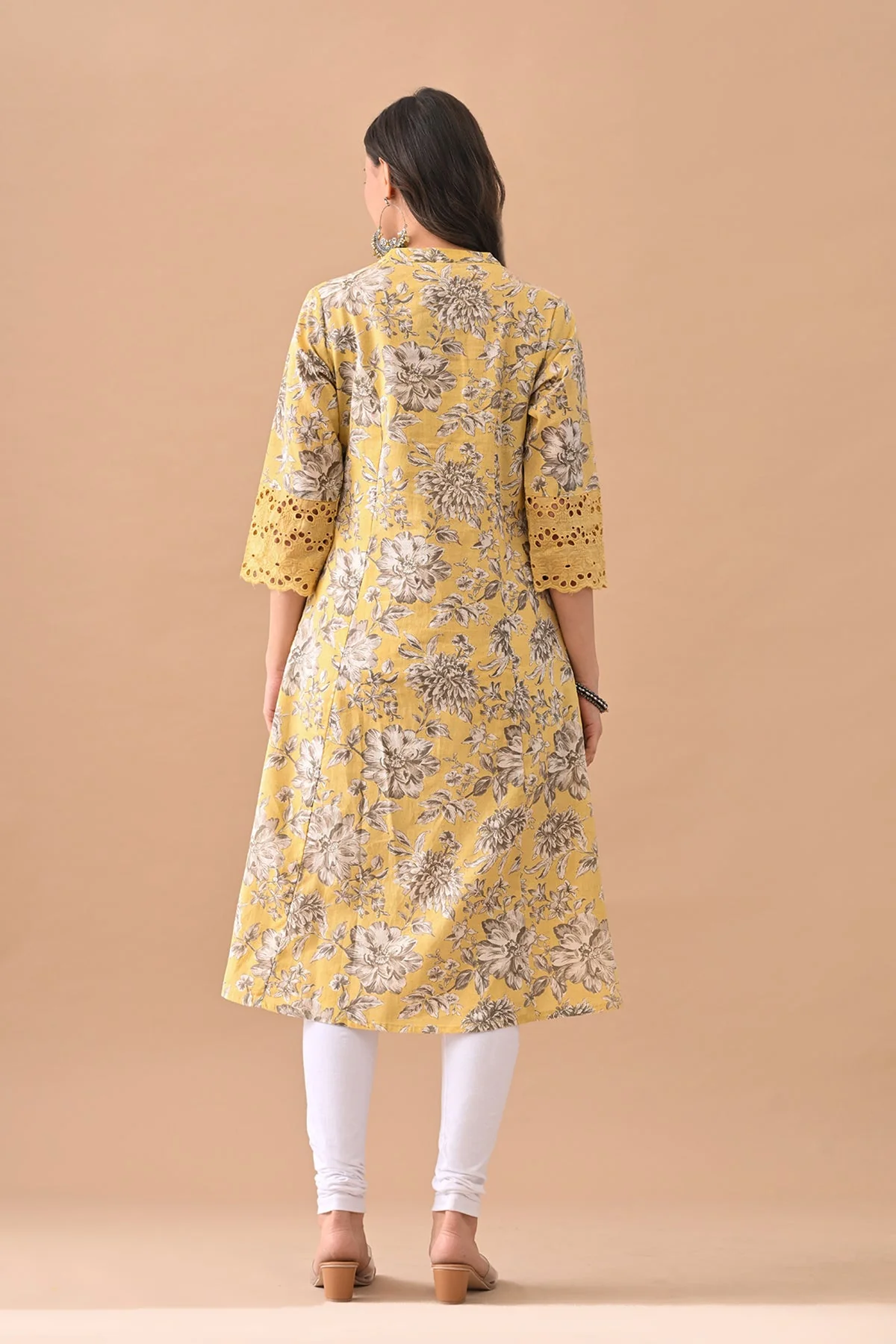 Yellow Printed A-line Kurta - Image 5