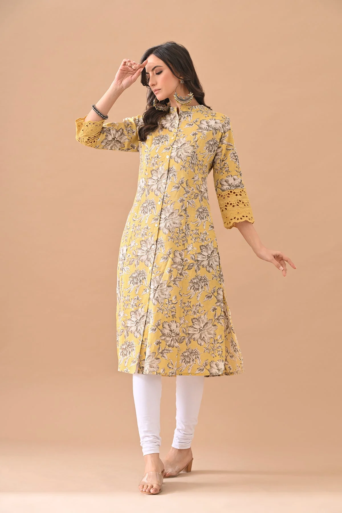 Yellow Printed A-line Kurta - Image 6