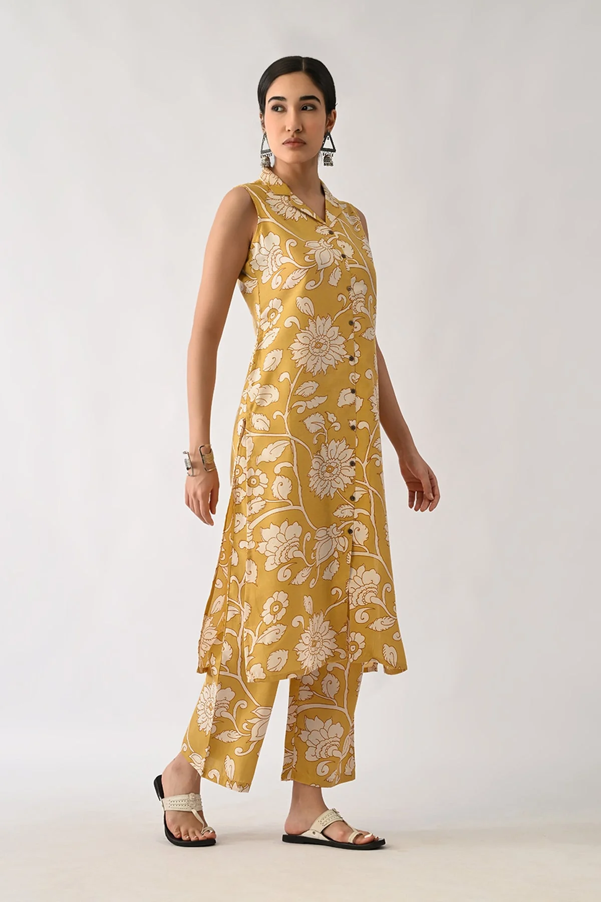 Yellow Printed A-line Kurta 2 Pcs Set - Image 2