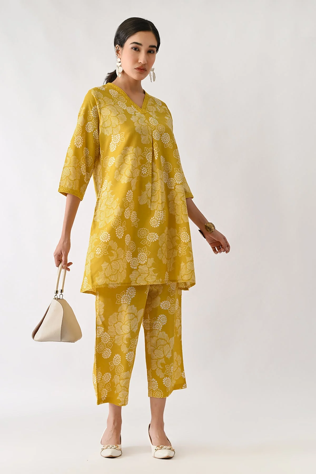Yellow Printed A-line Kurta 2 Pcs Set - Image 8