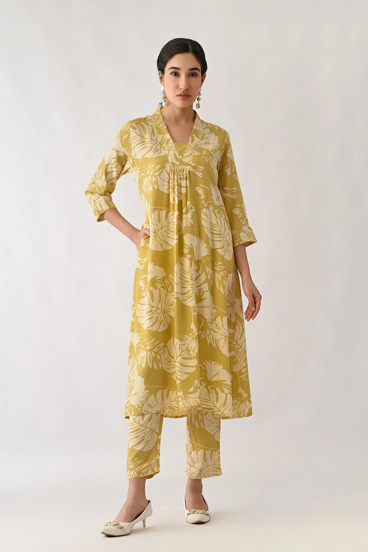 Yellow Printed A-line Kurta 2 Pcs Set
