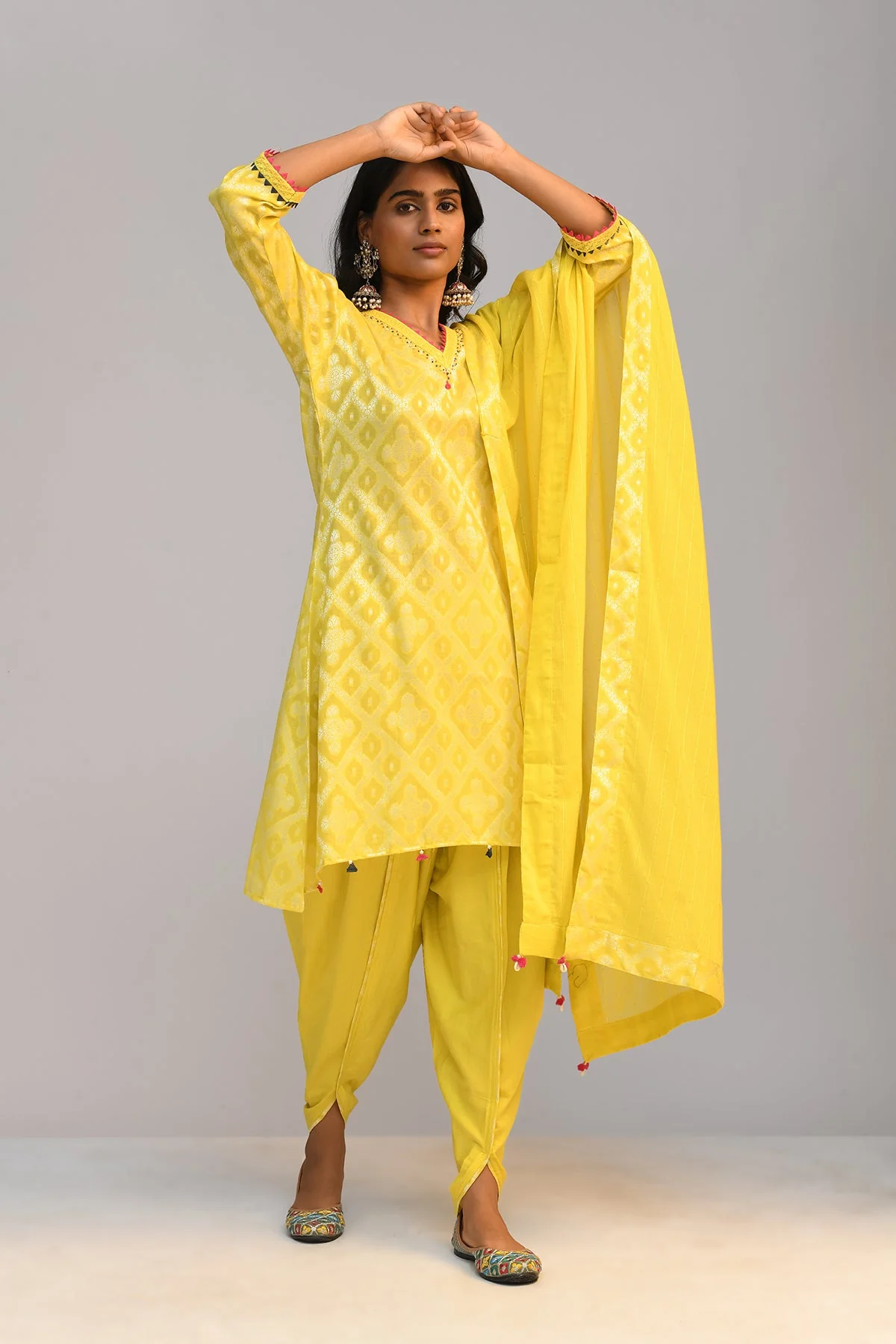 Yellow Printed A Line Kurta 3 Pcs Set