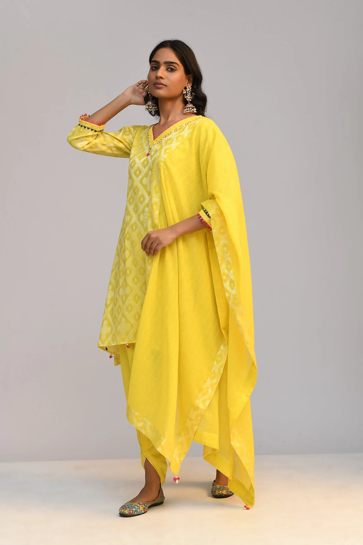Yellow Printed A Line Kurta 3 Pcs Set - Image 2
