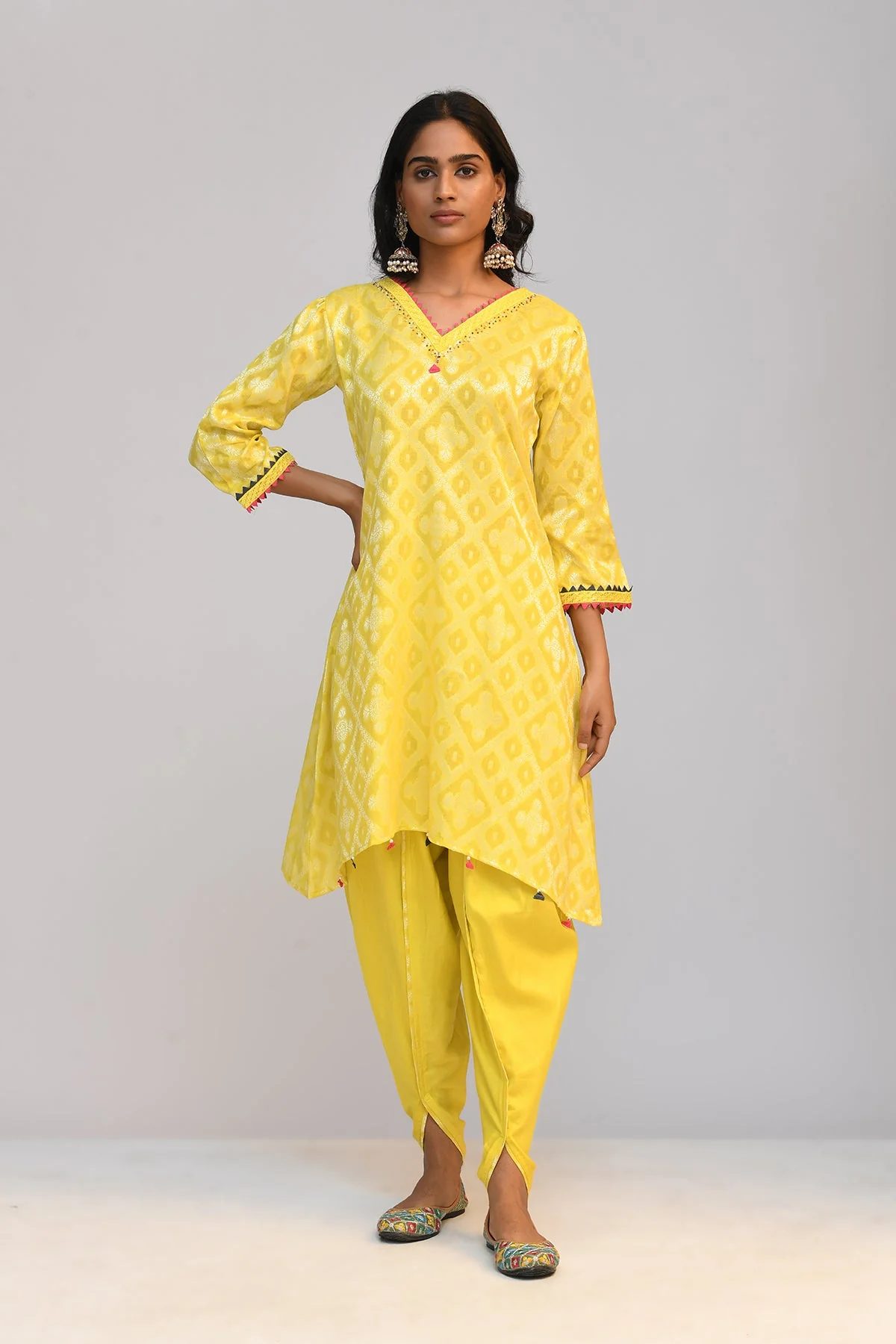 Yellow Printed A Line Kurta 3 Pcs Set - Image 3