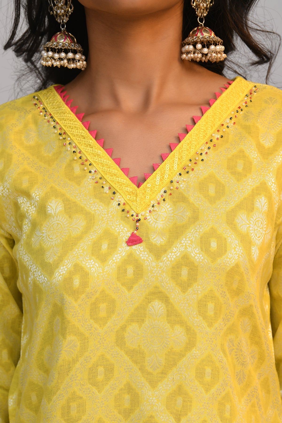 Yellow Printed A Line Kurta 3 Pcs Set - Image 4