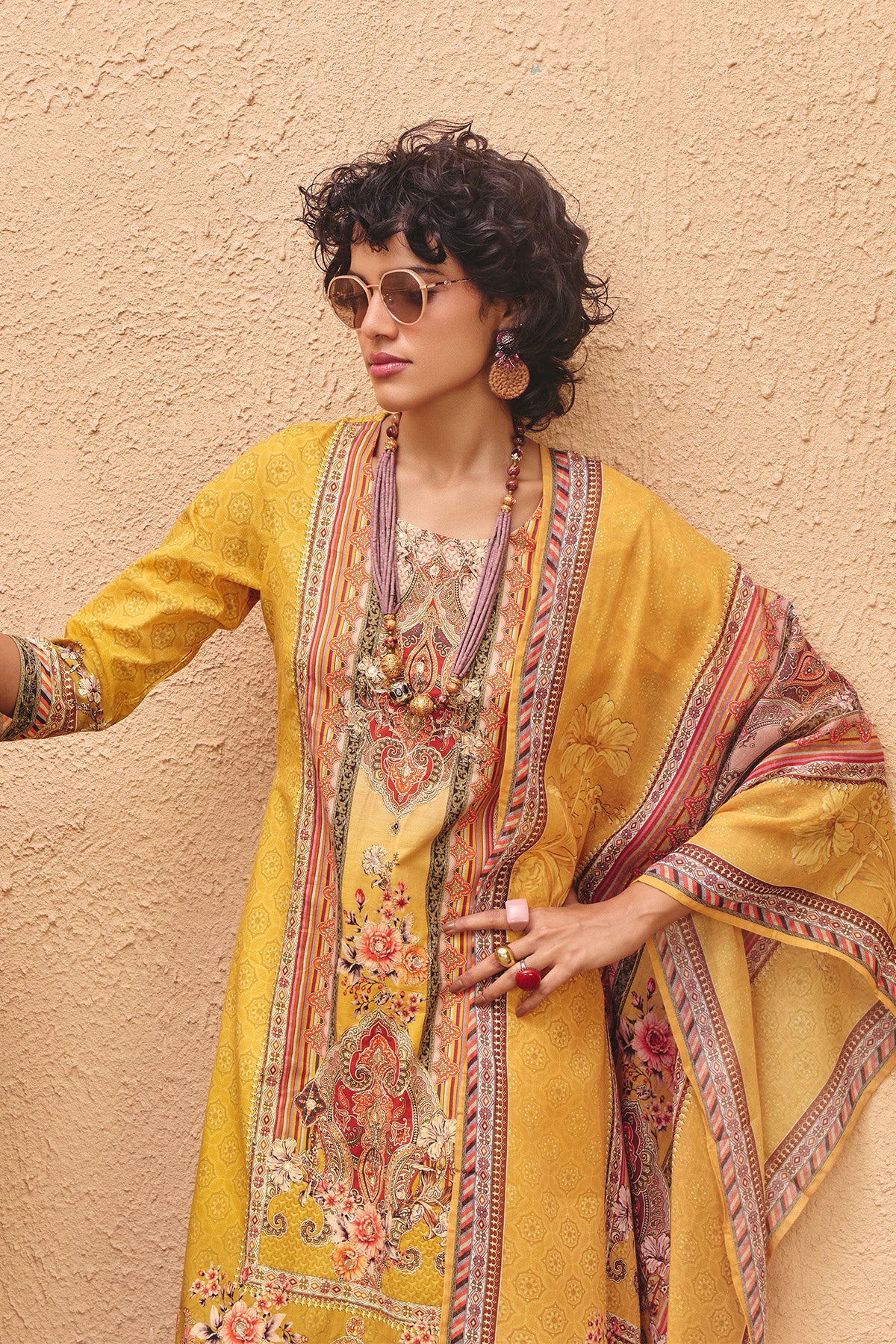 Yellow Printed Embroidered kurta 3 Pcs Set - Image 3