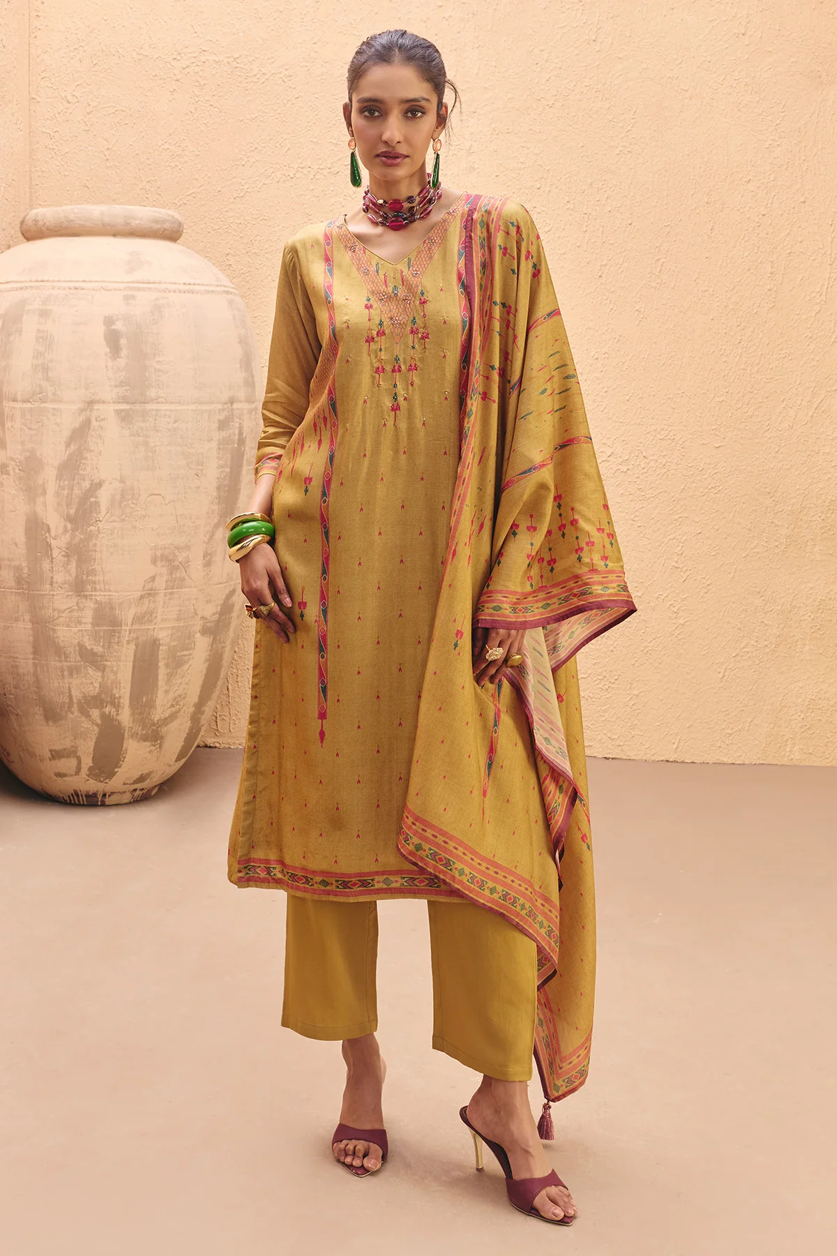 Yellow Printed Kurta 3 Pcs Set - Image 3