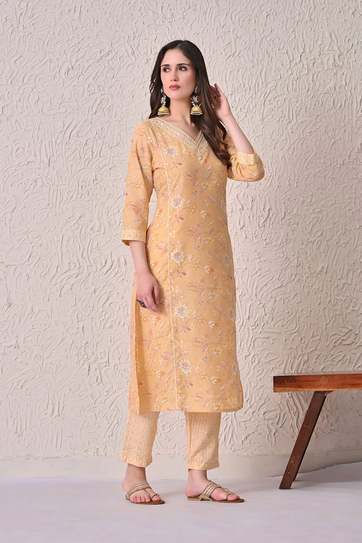 Yellow Printed Kurta 3 Pcs Set - Image 3
