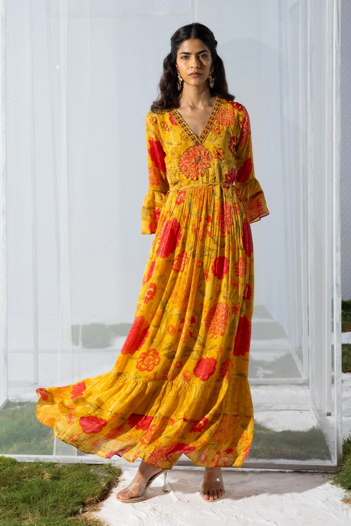 Yellow Yoke Mirror and Stone Work Printed Flared Dress - Image 4