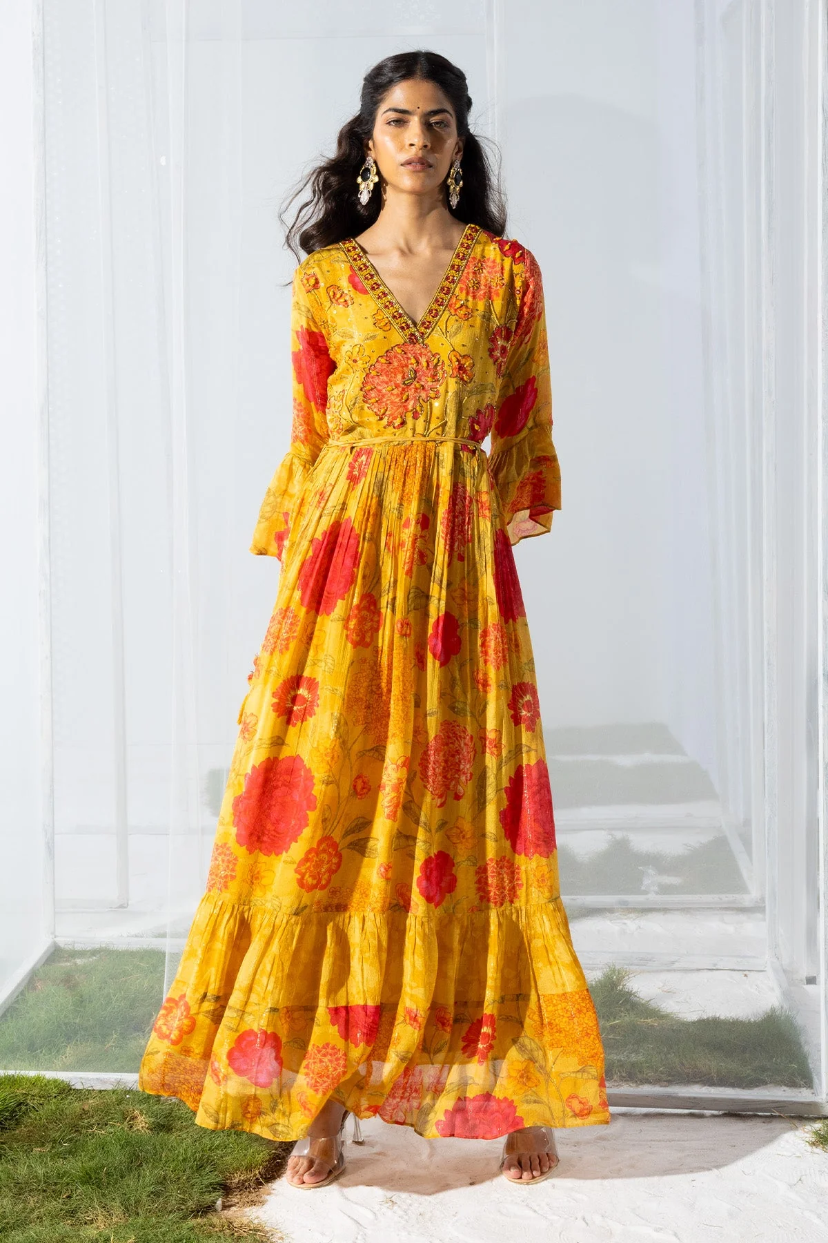 Yellow Yoke Mirror and Stone Work Printed Flared Dress - Image 5