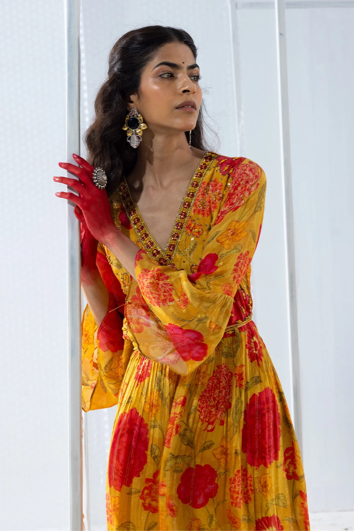 Yellow Yoke Mirror and Stone Work Printed Flared Dress - Image 6